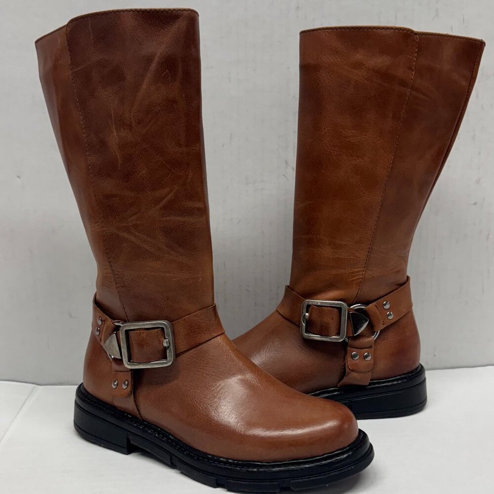 MIZ MOOZ TALL BOOTS SIDE ZIP BUCKLE 37EU BRANDY / 7US NEW # Z-78